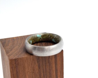 Titanium Wedding Band with Wood, Petrified wood and green Turquoise stone