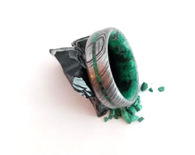Featured listing image: Gift for mens, Unique Damascus ring, Raw Malachite stone, Raw Obsidian stone, Mens wedding band, Womens wedding band, Damascus steel ring
