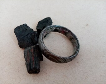 Damascus Steel Ring: Raw Tourmaline Stone, Boho Wedding Band