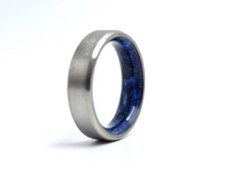 Brushed Titanium Ring with Lapis & Black Tourmaline - unisex ring