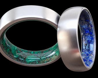 Unisex rings, Silver titanium rings with stone, Couples wedding rings Square band Malachite stone 8mm Round band Lapis lazuli stone 6mm