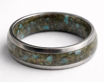 Titanium Wedding Band: Petrified Wood & Turquoise Ring