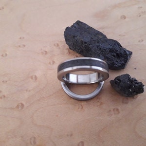 May include: A silver-toned metal ring featuring a dark, textured inlay that runs along the center of the band. The ring is positioned near two jagged, black, coal-like stones, showcasing a smooth metallic interior and a contrasting dark exterior.