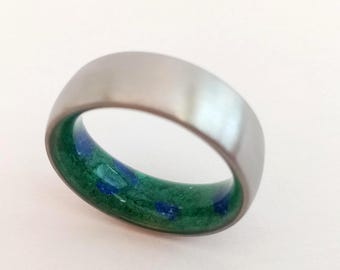 Mens wedding band, Womens ring, Titanium wedding band, Azurite stone, Malachite stone, 7mm band, His and hers, Wedding ring, Unique ring