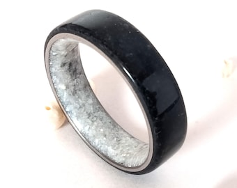 Black Tourmaline Ring: Titanium Band with Natural Pearl Inlay