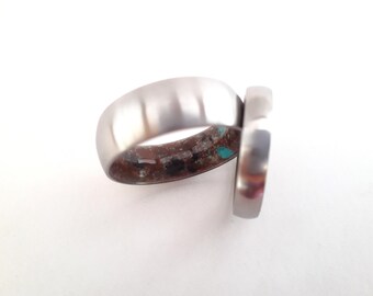 Mens wedding bands, Titanium ring set, Turquoise stone, Volcanic rock stone, Hipoallergenic round bands, Male gift