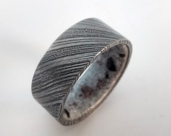 Handmade Damascus Steel Ring: Raw Moonstone Garnet Gemstone Wedding Band