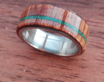 Wood ring men, Wood ring women, Titanium wedding band, Chechen wood, Malachite stone, 7mm band, Mens wedding band, Womens wedding band