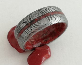 Handmade Damascus Steel Wedding Band: Bloodstone Ring