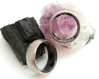 Round Matching Titanium Wedding Band Set: Amethyst & Tourmaline Stone Rings