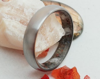 Raw Gemstone Titanium Ring: Custom Stone Inlay Band