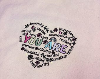 Embroidered Canvas Tote Bag, Positive Affirmations, Floral Design