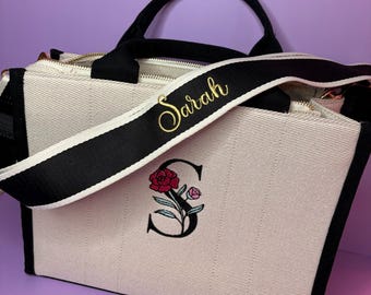 Personalised Embroidered Monogram Tote Bag with Name Strap