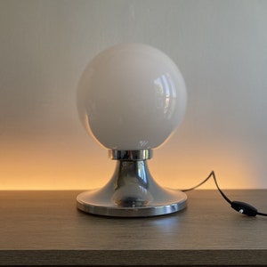 Large Mid-Century Opaline Globe Desk Lamp With Tulip Chrome Base