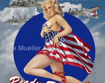 May include: A pin-up style illustration of a woman in a red dress with a red, white, and blue American flag draped over her. The woman is standing in front of a blue circle with the text "Ready For Take Off!" in white. The background is a gray metal surface with rivets.