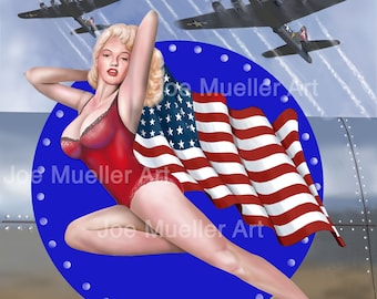 May include: A pin-up style illustration of a woman in a red swimsuit holding an American flag, with a blue circle and the text "MAID 'N USA" in yellow letters. The background features a silver airplane and a blue sky with white clouds.