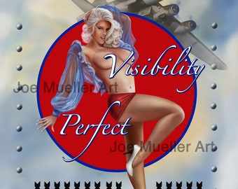 May include: Digital artwork featuring a blonde woman in a red skirt and blue top, with the words "Visibility Perfect" on a red circle. A vintage airplane flies in the background, with bomb silhouettes below.