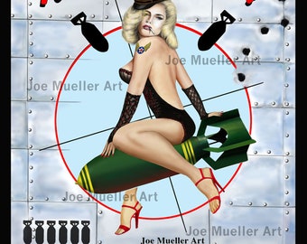 May include: Artwork featuring a pin-up girl in a black outfit, perched on a green bomb. The words "Never Mrs!" are in red. The background is a metallic surface with rivets and bomb illustrations. The artist's name is visible.