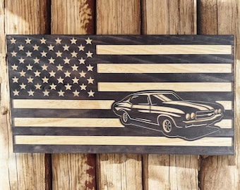 Handmade 1970 Chevelle American Flag: Pine Wood Muscle Car Art