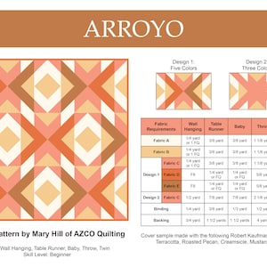 Puede incluir: Un patrón de acolchado llamado "Arroyo" de Mary Hill de AZCO Quilting. El patrón utiliza cinco colores y presenta un diseño geométrico con un patrón repetitivo de cuadrados y triángulos. El patrón está disponible en cinco tamaños: tapiz de pared, camino de mesa, bebé, manta y doble. El patrón de acolchado es de nivel principiante.