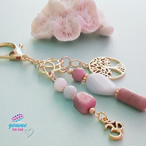 Amazonite,Rhodonite,jewel bag/keychain,charm tree of life OM of antique gold color, Celtic connector in heart, large clasp