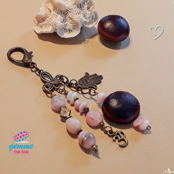 Pink opal, jewel bag / key ring, sea bean mucuna or dioclea, hand charm Fatima and Om, Celtic connector