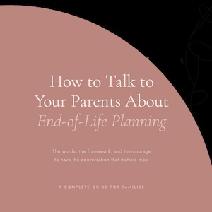 May include: A book cover with the title "How to Talk to Your Parents About End-of-Life Planning." The cover is primarily a muted rose color with white text. The text below the title reads "The words, the framework, and the courage to have the conversation that matters most."