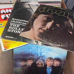 May include: A stack of vintage vinyl records, including The Doors, The Rolling Stones, and a record with the text "december children (and everybody's)".