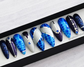 READY TO SHIP - S Size - Long Coffin - 10 nails Deep Water navy blue and gray crystals