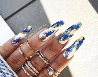 10 nails Blue Marble | white gold mirror chrome sea accents | short long medium small matte glossy coffin squoval stiletto almond ballerina