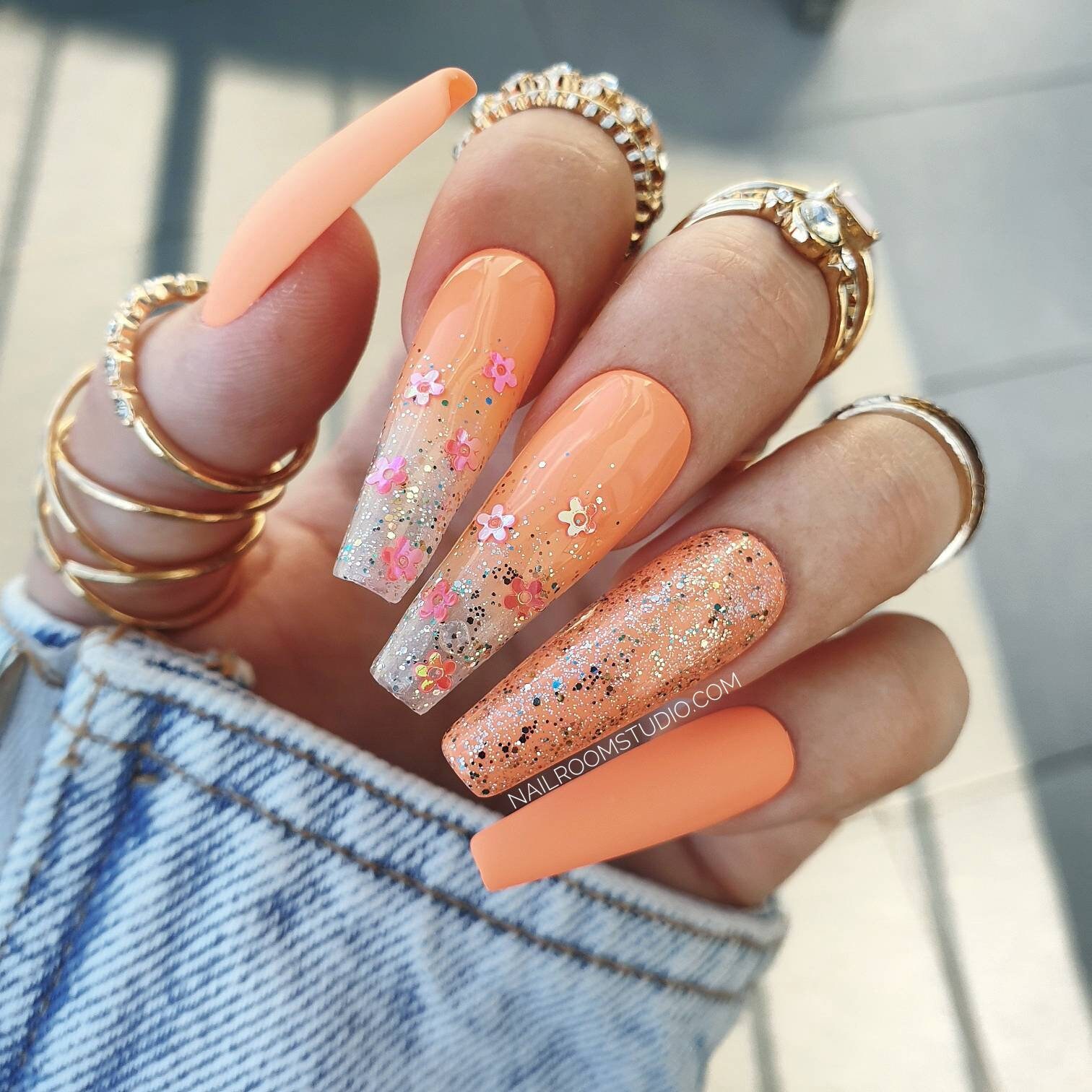 pix Matte Ombre Coffin Nails With Glitter 10 nails neon orange ombre flowers and glitter matte long short medium coffin ballerina sculpted thick almond square stiletto ballerina