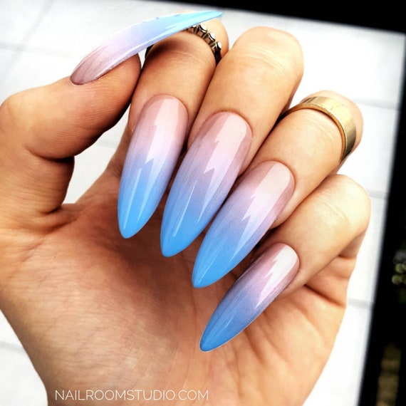 Nude Blue Ombre 10 Custom False Nails Gel Acrylic Artificial Glossy Matte Long Short Square Coffin Almond Stiletto Summer Glue Pop Nail