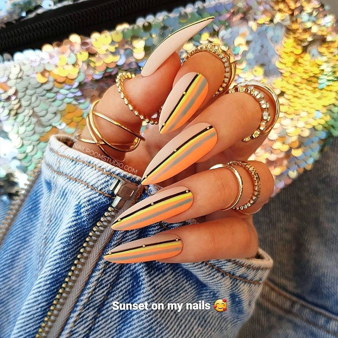 Nude Orange Strips 10 Matte Press On Nails Blue Black Gold Etsy Singapore