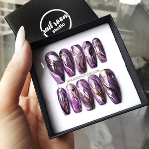 10 Nails Purple Marble Gold Leaf custom Gel Acrylic Sturdy - Etsy