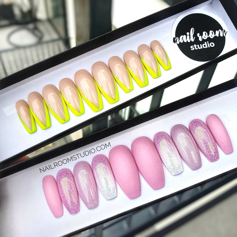Yellow Fluo French 10 Nude Press On Nails Green Fluo Wicca Etsy