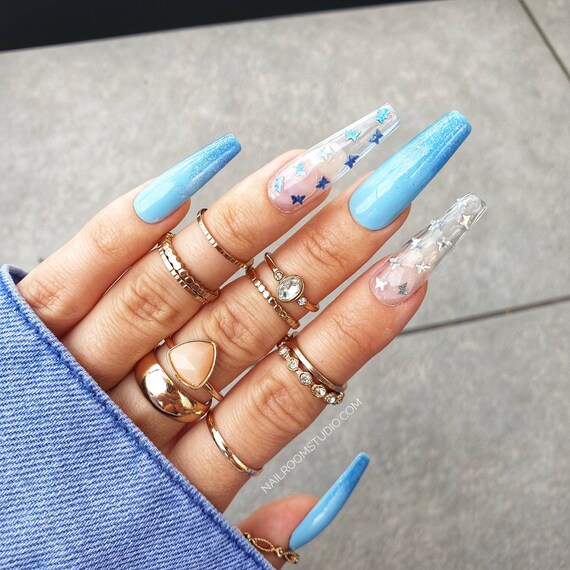 10 Custom False Nails Baby Blue Ombre Glitter Silver Opal Etsy Uk 10 Custom False Nails Baby Blue Ombre Glitter Silver Opal Etsy Uk