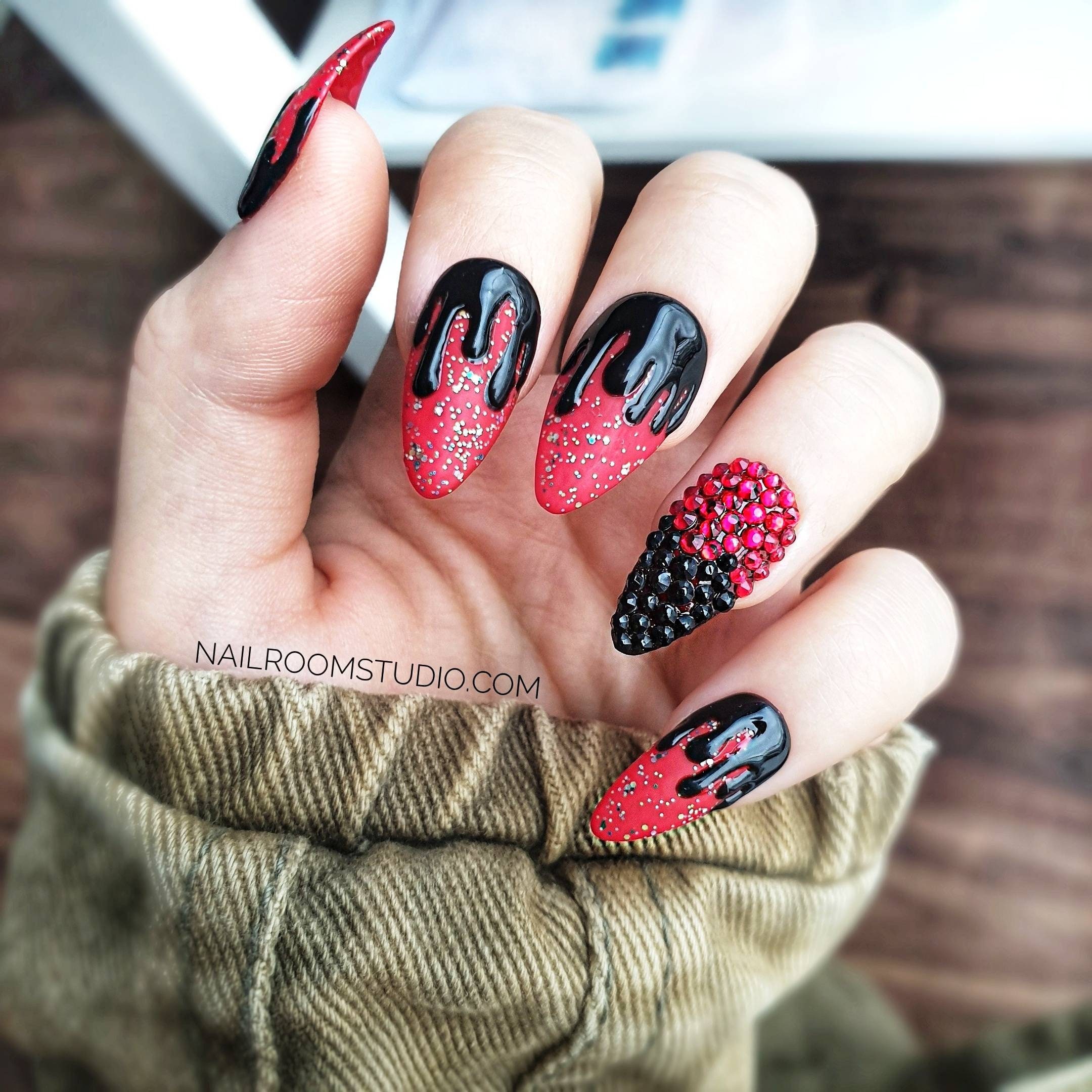 Red And Black 10 Glitter Matte Dripping Vicca 3d Custom Nails Etsy India