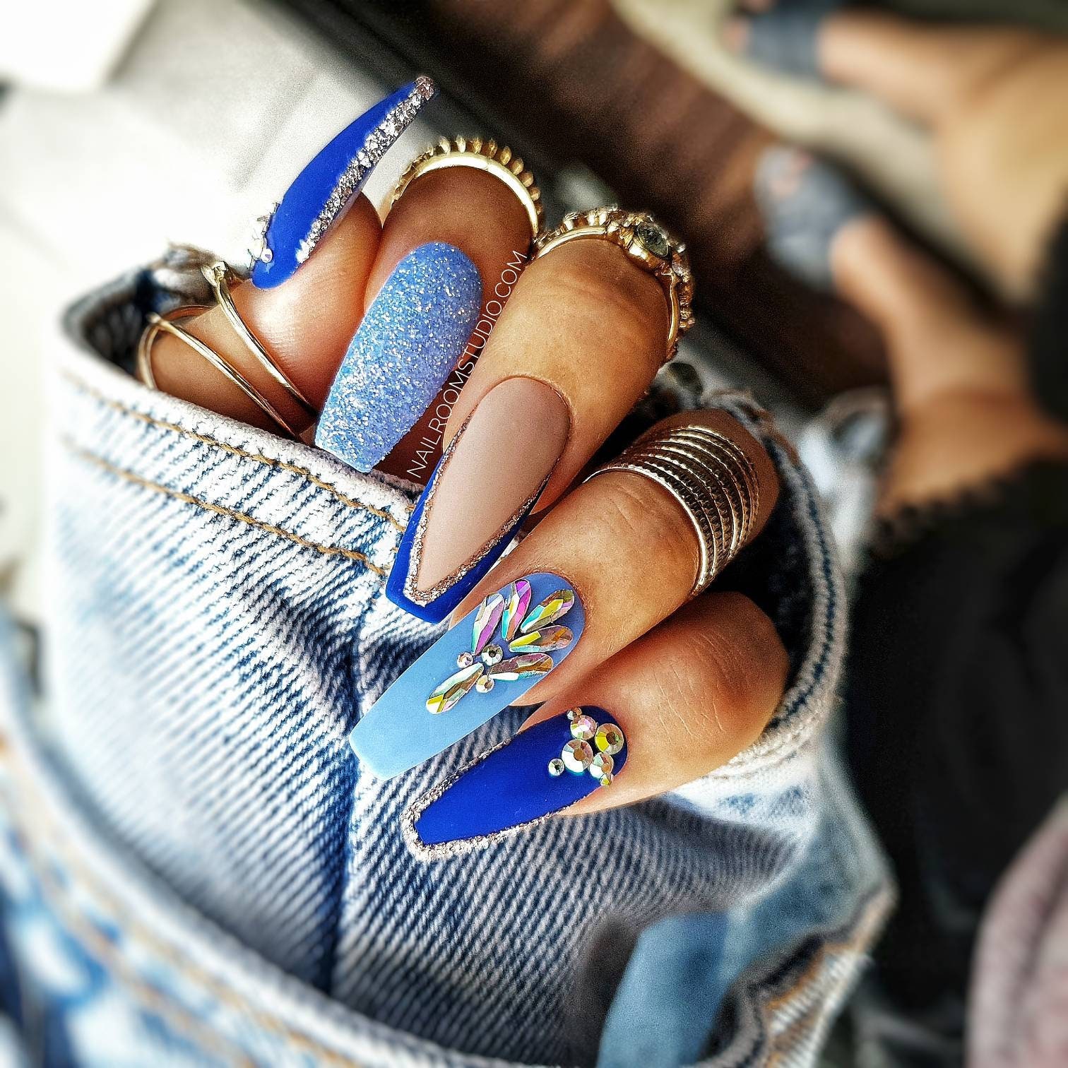 10 Custom Nails Navy Blue Matte Sparkle Chrome Glam Glitter - Etsy Hong Kong