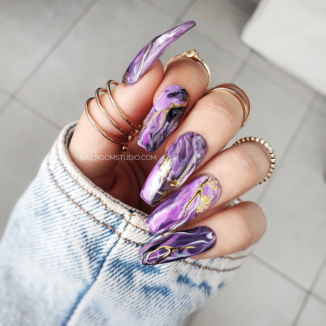 10 Nails Purple Marble Gold Leaf custom Gel Acrylic Sturdy - Etsy