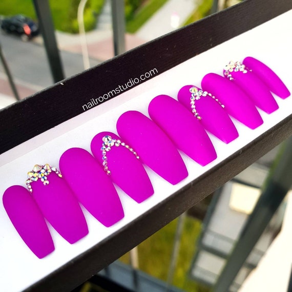 Violet matte press on nails , AB opal shiny crystals , fake nails jewelry , Purple fake nails , Solid false custom hand painted nail tips