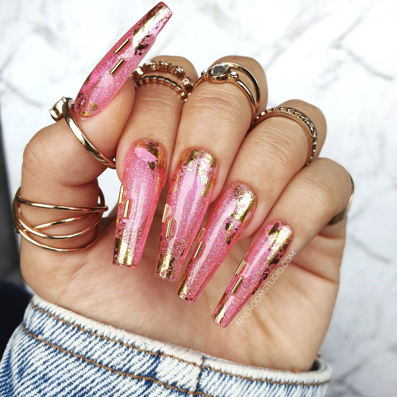 10 Nagel Rosa Jelly Sparkle Glitter Gold Chrom Folie Flagge Etsy