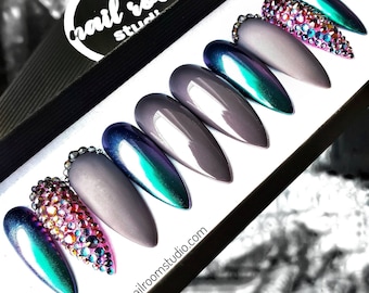 Glossy press on nails | green and purple chrome gray and genuine crystals pink multi color | matte glossy custom reusable glue on nail tips