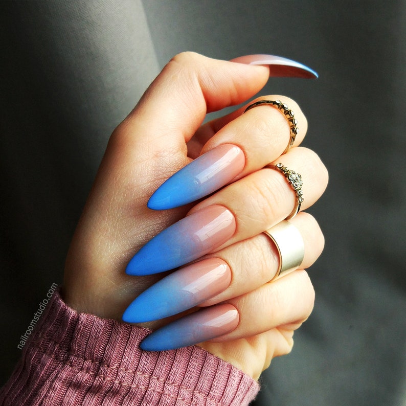 Nude Blue Ombre Custom False Nails Gel Acrylic Artificial Glossy