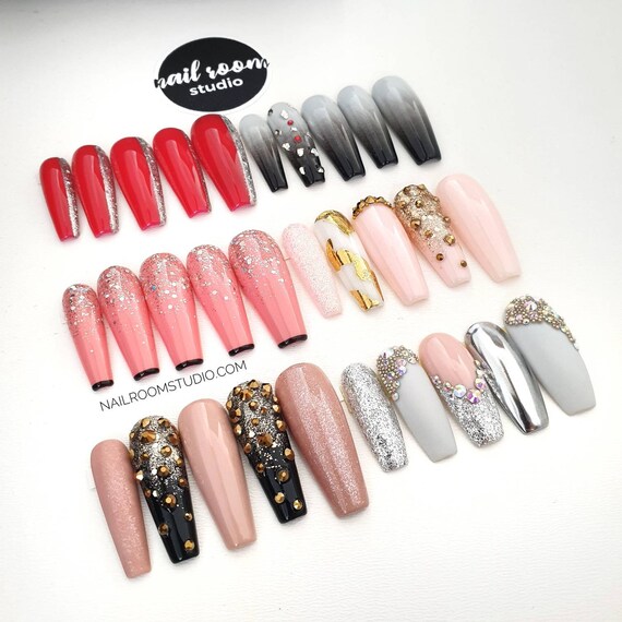 10 Nails Peach Colored Pink Orange Silver Holographic Glitter Etsy Hong Kong