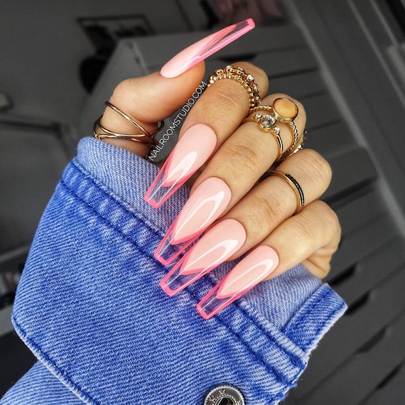 Coral and light purple French tips with flowers