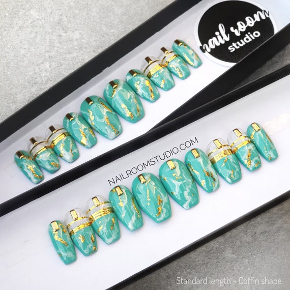 10 Mint Marble Custom Nails Blue Green Sea Waves Gold - Etsy
