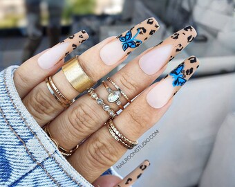 10 nails leopard french butterflies nude brown matte blue | black glossy custom false pop on nails glitter almond square coffin sculpted tip