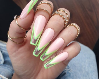 10 nails - Lime Green French | transparent space press on nails | artificial gel neon acrylic | glossy long short coffin stiletto ballerina