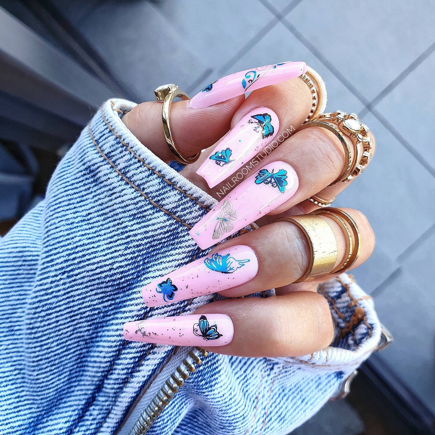 10 Pink Nails With Butterflies Blue Silver Gold Glossy Or Etsy 10 Pink Nails With Butterflies Blue Silver Gold Glossy Or Etsy