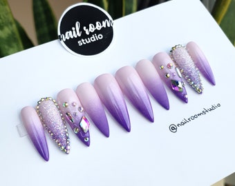 10 pink purple nails | gloss opal glitter crystals| glue on pop artificial fake false pressons gel acrylic coffin tips sculpted square oval